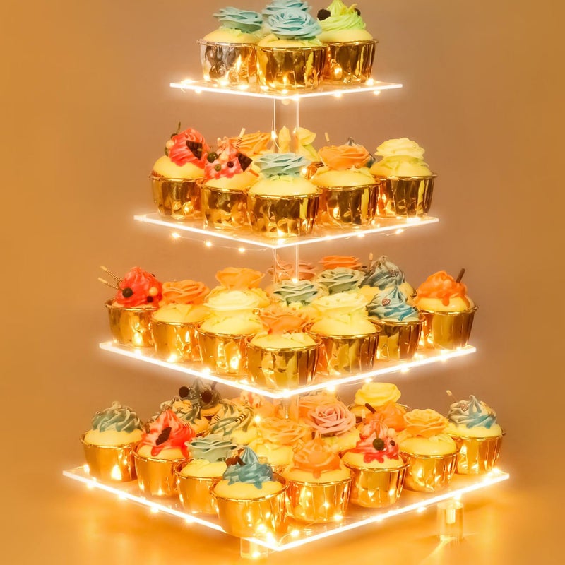 weddingwish حامل كعك من الأكريليك بأربعة طوابق، حامل برج كعك مع إضاءة، حامل طوابق كعك لـ 50 كعكة، حوامل كعك شفافة لحفلات الزفاف، أعياد الميلاد، الحفلات، التخرج - Image 1